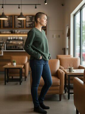 Green Fleece V-Neck Pullover with Brown Mock Layer Detail – Size Large (A1)